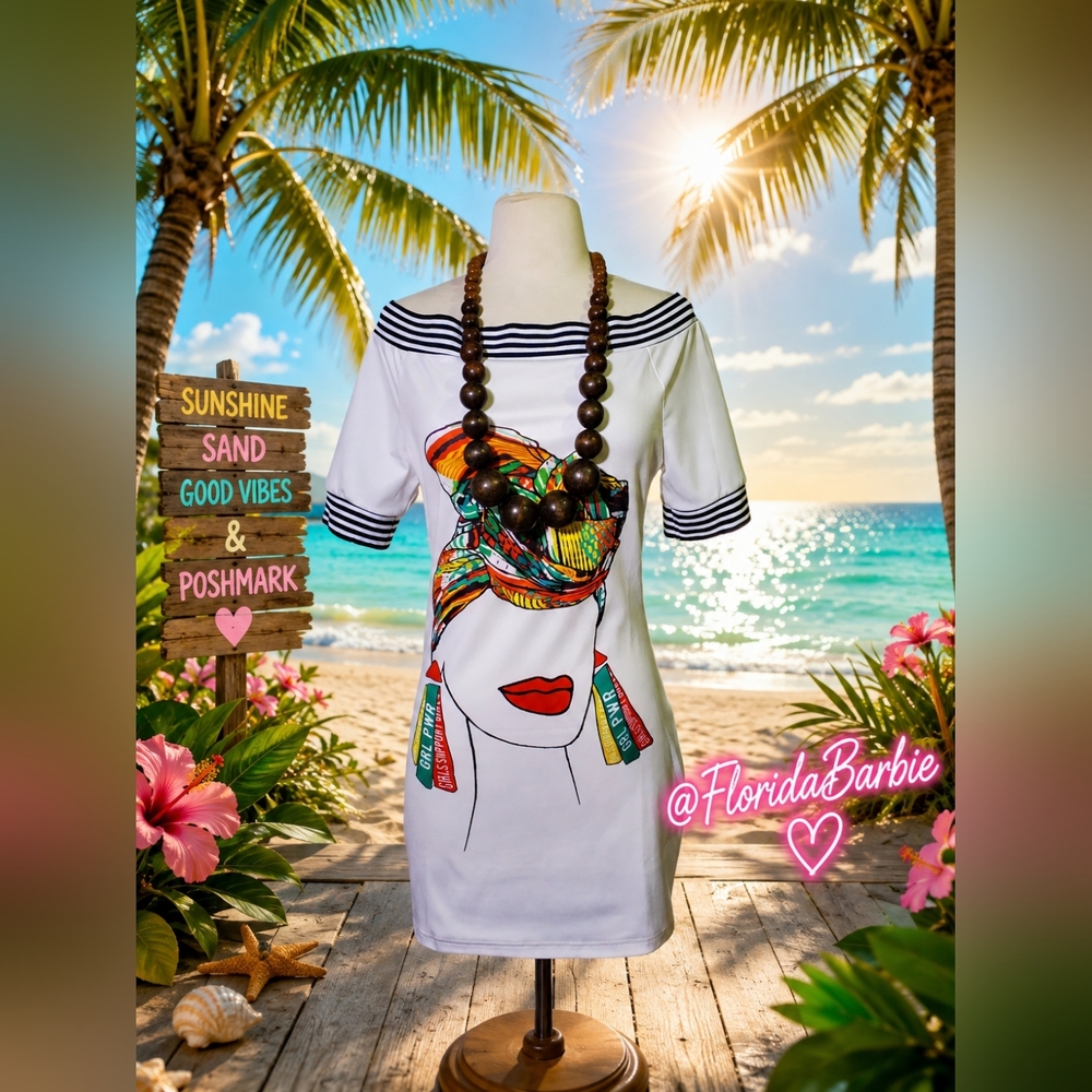 Women White Graphic Boatneck Dress Colorful Headwrap Print Mini Summer Dress